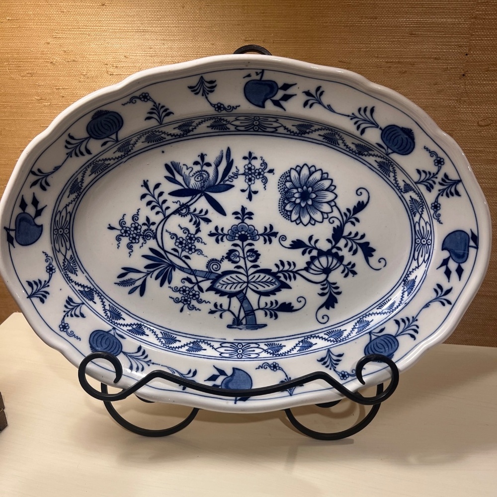 Antique Vintage CAULDON BWM Flow Blue & White Platter, Blue Onion Meissen 16.25"